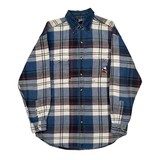 Mickey Mouse Embroidery Disney Checked Flannel Shirt - Medium Blue Cotton