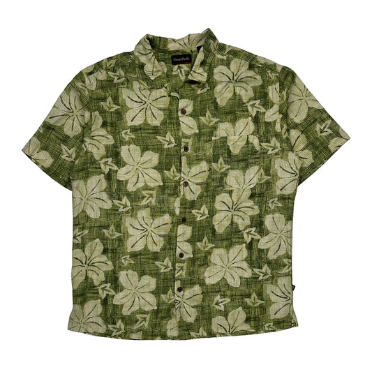 Ocean Pacific Floral Hawaiian Shirt - Medium Green Silk