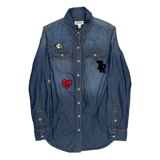 Embroidered Patches True Religion Graphic Denim Shirt - XS Blue Denim