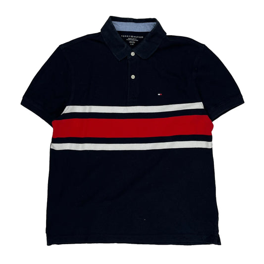 Tommy Hilfiger Striped Polo Shirt - Large Navy Cotton
