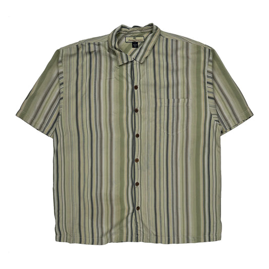 Vintage Tommy Bahama Striped Hawaiian Shirt - Large Green Silk