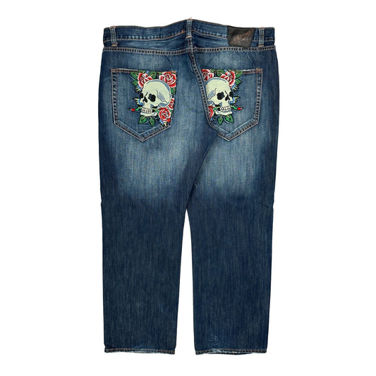 Skull And Roses Embroidery Ed Hardy Jeans - 42W 32L Blue Cotton