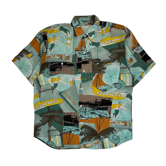 La Vie Au Soleil Text Unbranded Graphic Hawaiian Shirt - Medium Multicoloured Cotton