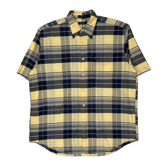 Nautica Checked Short Sleeve Shirt - Large Grey Cotton