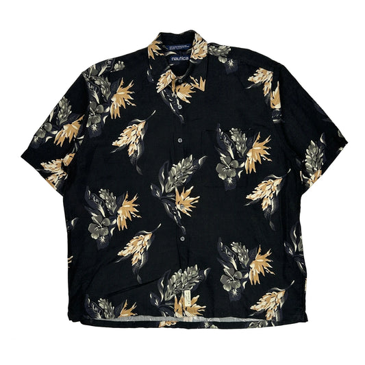 Nautica Hawaiian Shirt - Large Black Linen Blend
