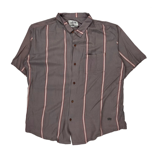 Stussy Striped Short Sleeve Shirt - Medium Pink Viscose