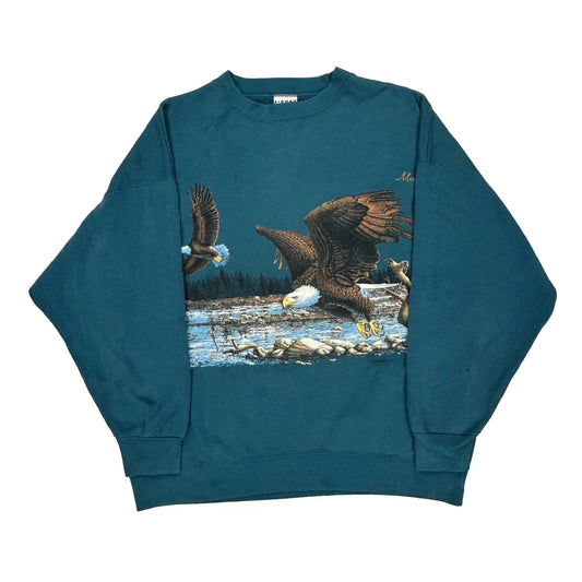 Eagle Print Signal Sports Graphic Sweatshirt - 2XL Blue Cotton