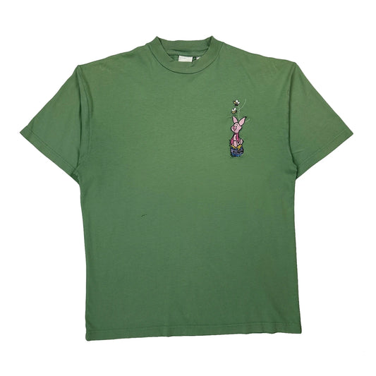 Piglet Embroidery Disney Cartoon T-Shirt - Large Green Cotton