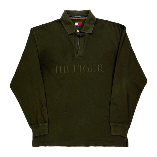 Tommy Hilfiger Spellout Long Sleeve Polo Shirt - Large Green Cotton
