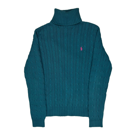 Teal Ralph Lauren Sport Roll Neck Cable Knit Jumper - Large Blue Cotton