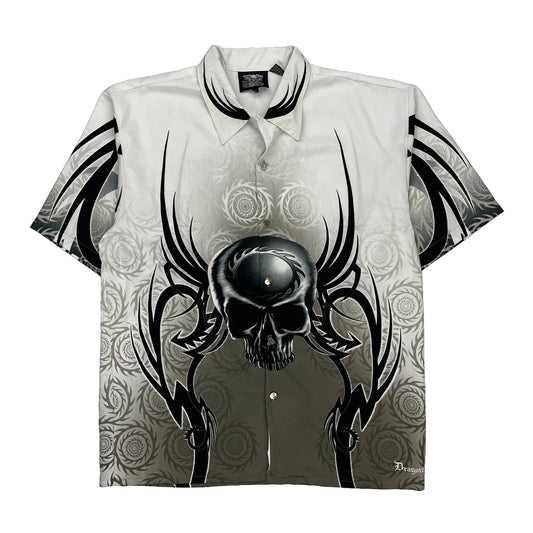 Skull Design Dragonfly Graphic Hawaiian Shirt - Large Black & White Polyester