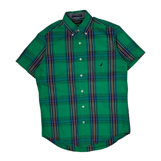 Vintage Nautica Checked Short Sleeve Shirt - Small Green Cotton