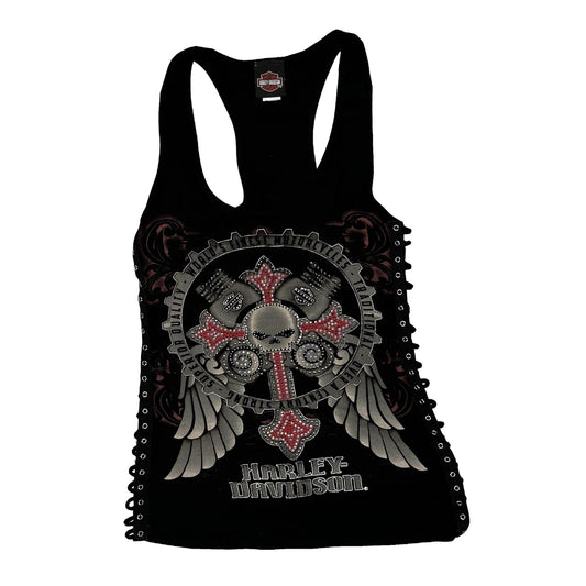 Skull And Wings Design Harley Davidson Studded Laced Vest - XL Black Cotton