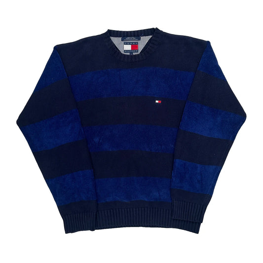 Chunky Knit Tommy Hilfiger Striped Jumper - Large Blue Cotton