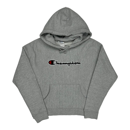 Reverse Weave Champion Spellout Hoodie - Large Grey Cotton Blend