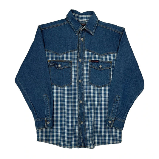 Western Cowboy Checked Denim Shirt - Small Blue Cotton