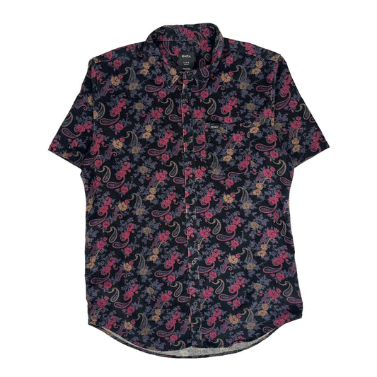 Vintage Rvca Slim Fit Short Sleeve Shirt - Large Black Corduroy
