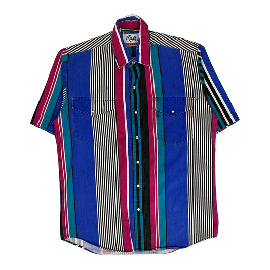 Vintage Roper Striped Short Sleeve Western Shirt - Medium Blue Cotton