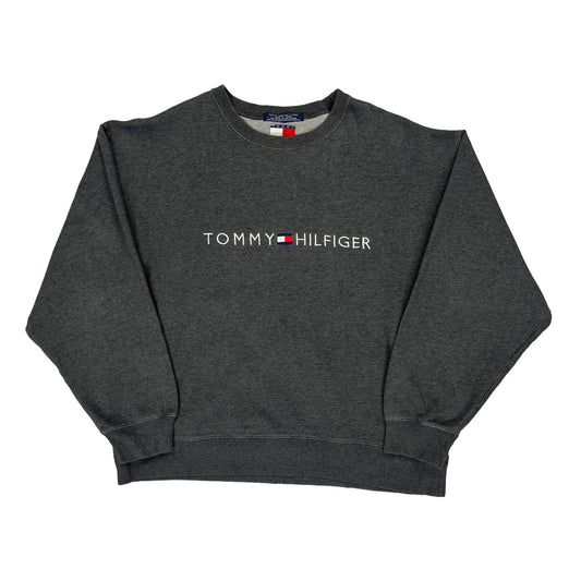 Tommy Hilfiger Spellout Sweatshirt - Large Grey Cotton Blend