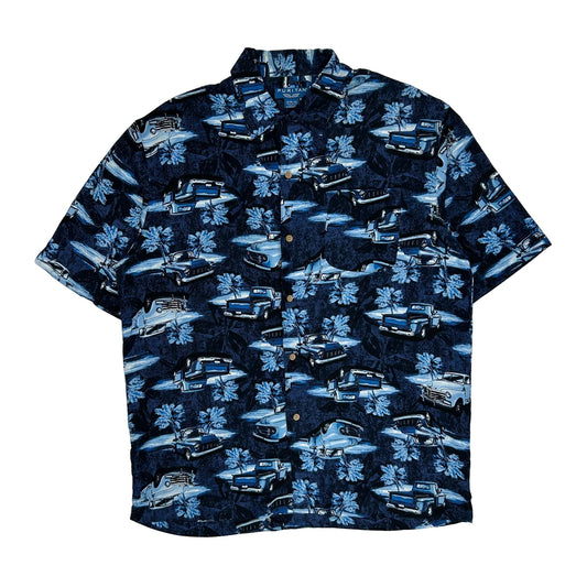 Puritan Graphic Hawaiian Shirt - Medium Blue Viscose