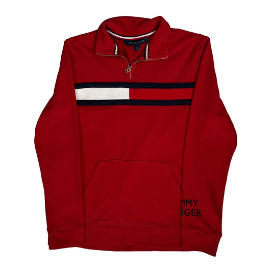 Tommy Hilfiger Striped 1/4 Zip - Medium Red Cotton