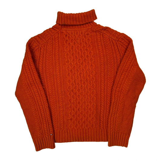 Tommy Hilfiger Chunky Cable Knit Roll Neck Jumper - Large Orange Wool