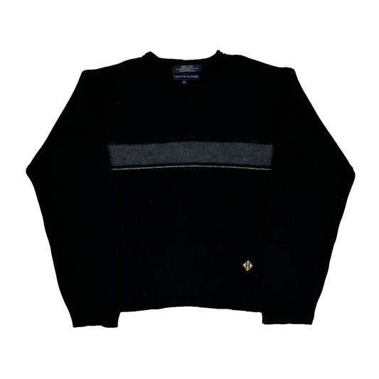 Lambswool Mohair Tommy Hilfiger Chunky Knit Striped Jumper - XL Black Wool Blend