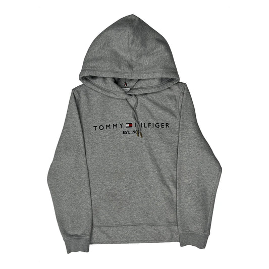 Vintage Tommy Hilfiger Spellout Hoodie - Medium Grey Cotton Blend