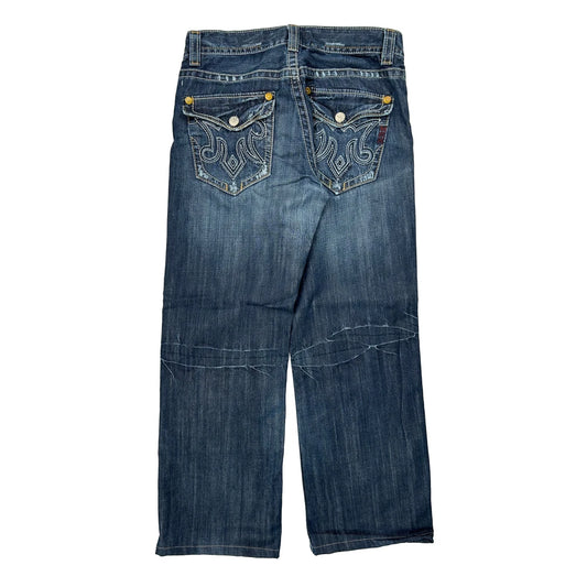 Y2K Baggy Graphic Jeans - 33W 31L Blue Denim