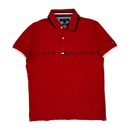Vintage Tommy Hilfiger Spellout Polo Shirt - Medium Red Cotton
