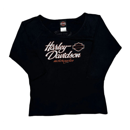 Made In USA Harley Davidson Rubber City Long Sleeve T-Shirt - Medium Black Cotton