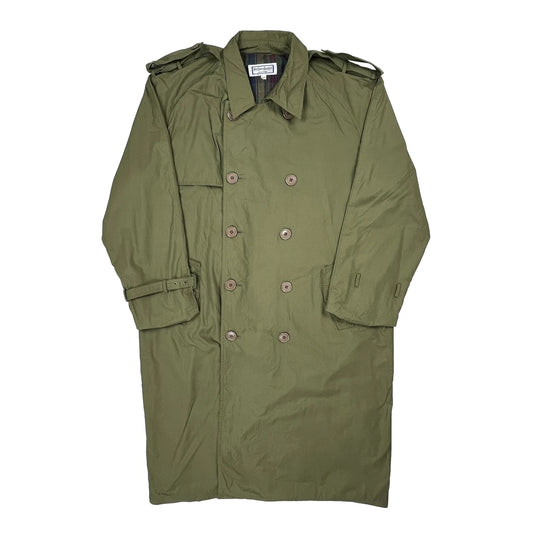 90S Vintage Fully Lined Yves Saint Laurent Full Length Double Breasted Trench Coat - XL Green Cotton