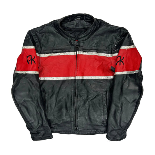 Vintage Akoury Striped Motorcycle Leather Jacket - 2XL Black Leather