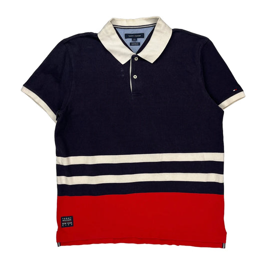 Tommy Hilfiger Striped Polo Shirt - Large Navy Cotton