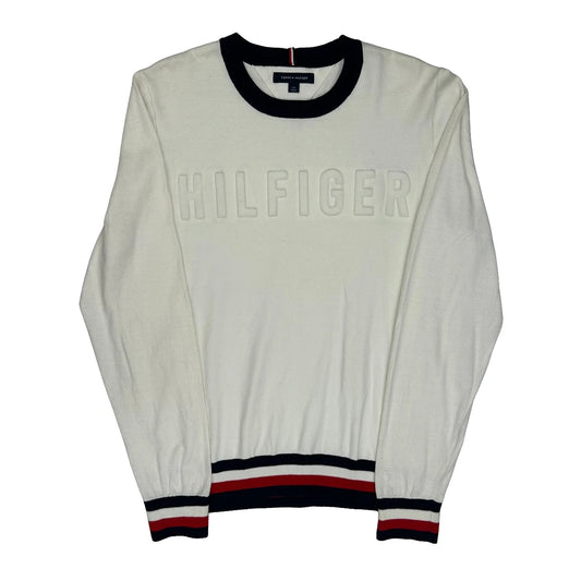 Tommy Hilfiger Spellout Sweater - Large White Cotton