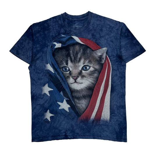 Vintage Patriotic Cat The Mountain Graphic T-Shirt - Large Blue Cotton