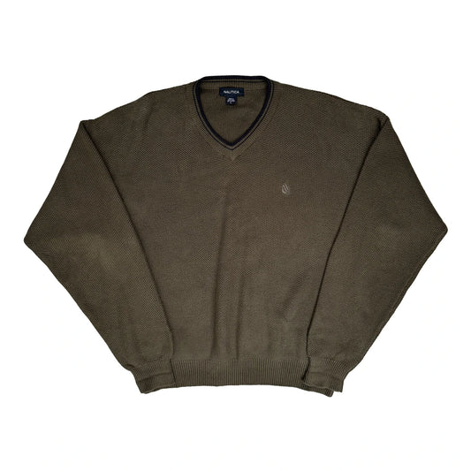 Vintage Nautica V-Neck Jumper - Large Khaki Cotton