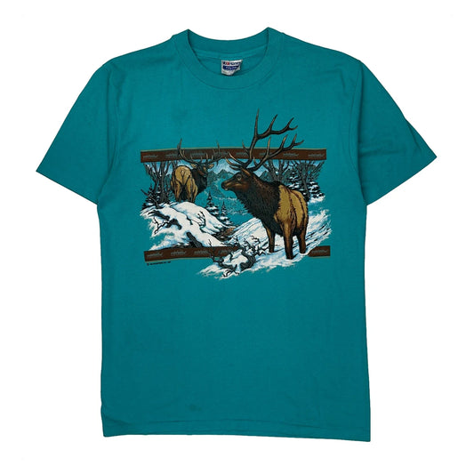 Wildlife Print Hanes Single Stitch T-Shirt - Large Blue Cotton Blend