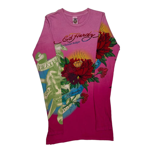 Ed Hardy Graphic Long Sleeve T-Shirt - Small Pink Cotton
