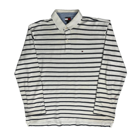 Tommy Hilfiger Striped Long Sleeve Polo Shirt - XL White Cotton