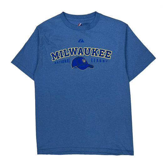 Milwaukee Brewers Majestic Graphic T-Shirt - Large Blue Cotton