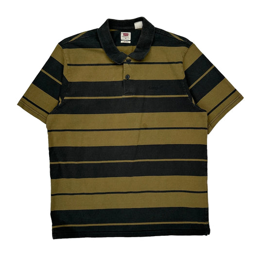 Vintage Levis Striped Polo Shirt - Medium Khaki Cotton