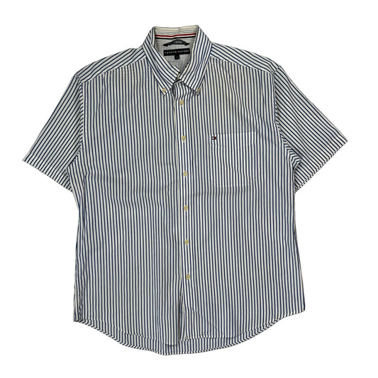Tommy Hilfiger Striped Short Sleeve Shirt - Large Blue Cotton