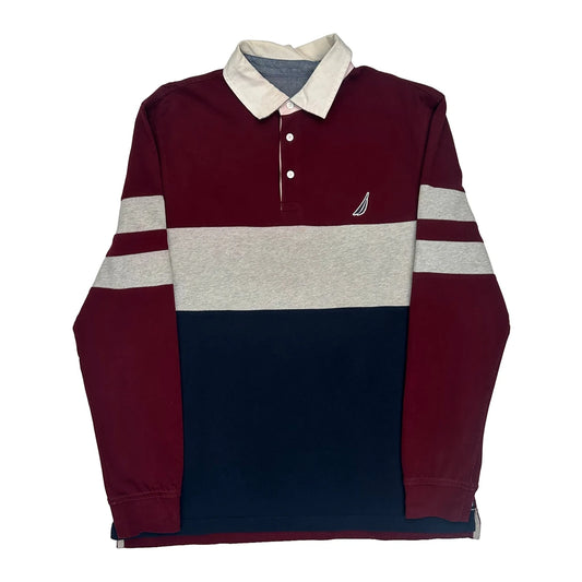 Nautica Striped Rugby Shirt - Medium Burgundy Cotton