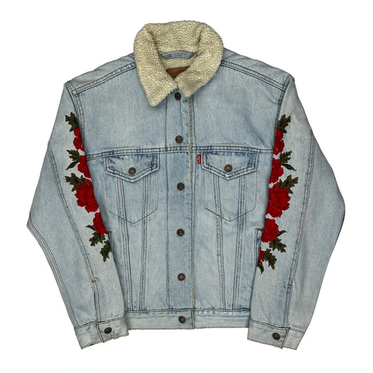 Sherpa Lined Levis Floral Denim Jacket - Small Light Wash Denim