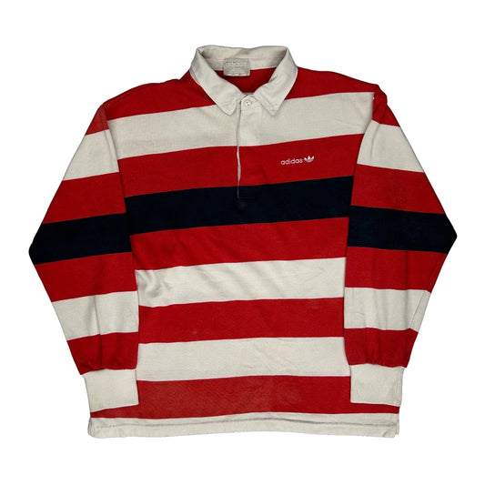 Adidas Striped Rugby Shirt - Medium White Cotton