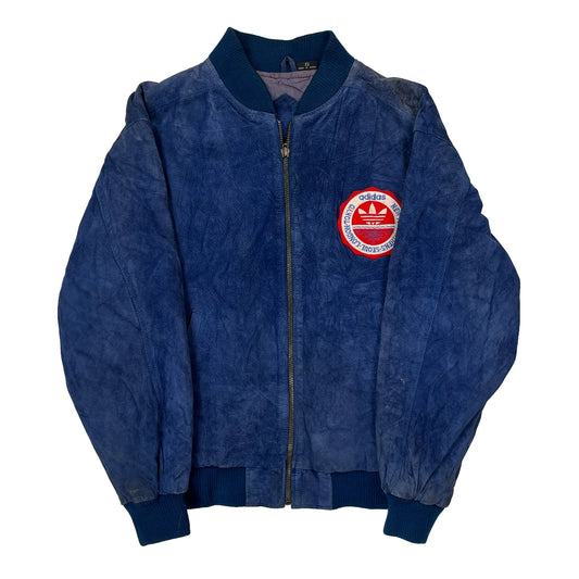 1980S Adidas Spellout Bomber Jacket - Small Blue Suede