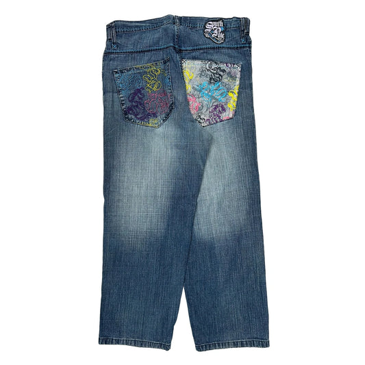 Southpole Baggy Graphic Jeans - 38W 32L Blue Denim