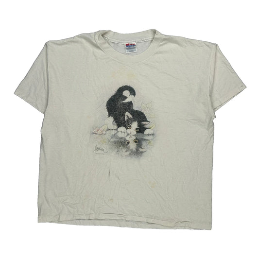Cat Print Hanes Single Stitch T-Shirt - XL White Cotton Blend