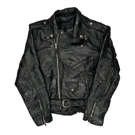 Vintage Diamond Plate Motorcycle Leather Jacket - Medium Black Leather